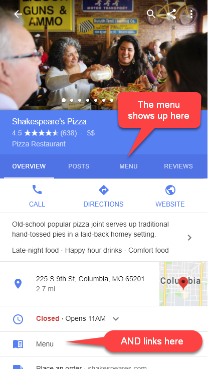 Example of restaurant menu included in knowledge panel using schema.org