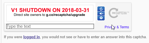 reCAPTCHA V1 SHUTDOWN ON 2018-03-31. We can fix broken recaptcha. Update reCAPTCHA today