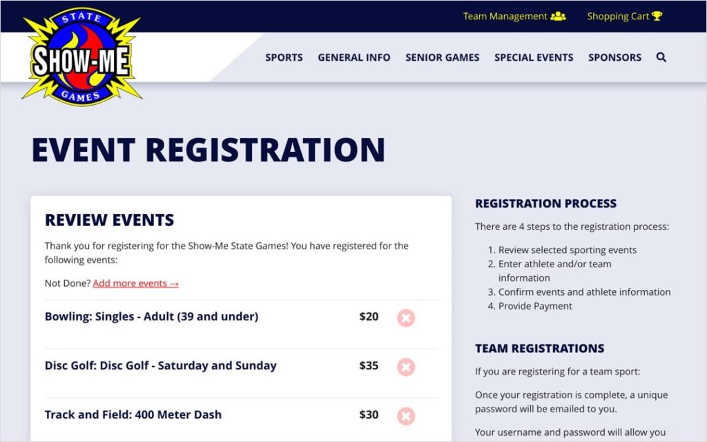 Show-Me State Games online event registration screens
